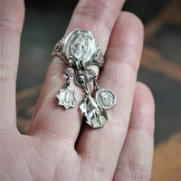 Antique Sterling Marian Ring Set with Miniature Antique French Medals & Antique Art Deco Faceted Rock Crystal Drops