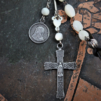 Antique French Mother of Pearl Rosary Bead Eyeglass Chain with Marian Cross & Mater Dolorosa Medal