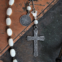 Antique French Mother of Pearl Rosary Bead Eyeglass Chain with Marian Cross & Mater Dolorosa Medal