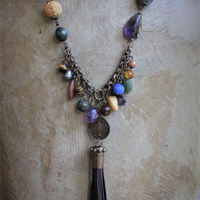 In the Whispers Necklace with Multi Faceted & Polished Gemstones, Antique French Our Lady of Lourdes Medal, Leather Tassel, Leather Ties