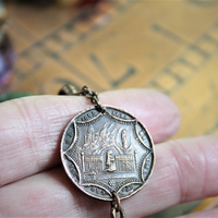 In the Whispers Necklace with Multi Faceted & Polished Gemstones, Antique French Our Lady of Lourdes Medal, Leather Tassel, Leather Ties