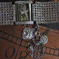 Sold to L Time for Prayer Bracelet with Tiny Antique French Rosary, Sculptural Sterling Saint Christopher Medal,Antique French Marian Medal & Sterling Faceted Diamante Tassel