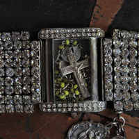Sold to L Time for Prayer Bracelet with Tiny Antique French Rosary, Sculptural Sterling Saint Christopher Medal,Antique French Marian Medal & Sterling Faceted Diamante Tassel