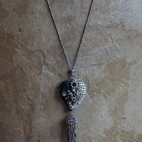 Antique Seed Bead, Pearl and Rhinestone Puffy Heart Necklace with Antique Cut Steel Bead Tassel and Chain