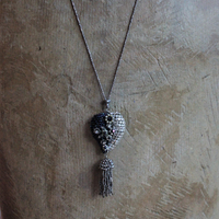 Antique Seed Bead, Pearl and Rhinestone Puffy Heart Necklace with Antique Cut Steel Bead Tassel and Chain