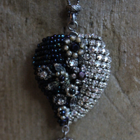 Antique Seed Bead, Pearl and Rhinestone Puffy Heart Necklace with Antique Cut Steel Bead Tassel and Chain