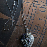 Antique Seed Bead, Pearl and Rhinestone Puffy Heart Necklace with Antique Cut Steel Bead Tassel and Chain