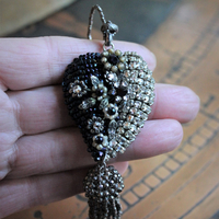 Antique Seed Bead, Pearl and Rhinestone Puffy Heart Necklace with Antique Cut Steel Bead Tassel and Chain