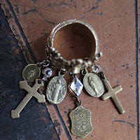 Antique Gilt Crown Ring with Antique French Medals, Antique Crosses, Antique Faceted Rock Crystals - Size 9 