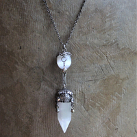 Be Like the Moon Necklace with Antique Sterling Mesh Capped Selenite Point & Orb, Vintage Bezel Set Crystals,Sterling Puffy Star, Silver Orb Drops, Sterling Rolo Belcher Chain