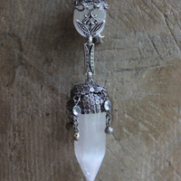 Be Like the Moon Necklace with Antique Sterling Mesh Capped Selenite Point & Orb, Vintage Bezel Set Crystals,Sterling Puffy Star, Silver Orb Drops, Sterling Rolo Belcher Chain