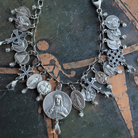 Antique French Medal Bracelet with Sterling Sacred Heart of Jesus Medal,Rare Tiny Sterling Penin Medal,Antique Sterling Crosses,Faceted Crystal Drops