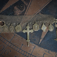 I will be Faithful Bracelet with Unique Mesh Chain, Rare Antique Gilt Cross, Antique French Medals, Antique Rolled Gold Engraved Toggle