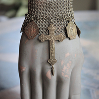 I will be Faithful Bracelet with Unique Mesh Chain, Rare Antique Gilt Cross, Antique French Medals, Antique Rolled Gold Engraved Toggle
