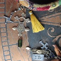 NEW! God's Breath Bangle Set with Antique Textiles,Multiple Antique Medals, Tourmaline Buddha, Tassels, Findings & Gemstones