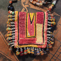 Where have I Loved you Before Necklace with Antique Gypsy Textile & Tassel Pouch,Antique Button,Multiple Gemstones,Antique Enamel Beads and Leather Ties