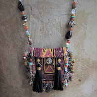 Where have I Loved you Before Necklace with Antique Gypsy Textile & Tassel Pouch,Antique Button,Multiple Gemstones,Antique Enamel Beads and Leather Ties