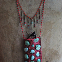 SOLD to M Antique Textile Eyeglass Pouch Necklace with Turquoise Cabochons, Antique Beaded Chain, Vintage Faceted Metal Bugle Beads & Seed Beads, and Hand Wrought Clasp