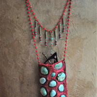 SOLD to M Antique Textile Eyeglass Pouch Necklace with Turquoise Cabochons, Antique Beaded Chain, Vintage Faceted Metal Bugle Beads & Seed Beads, and Hand Wrought Clasp