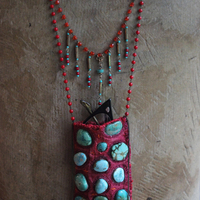 SOLD to M Antique Textile Eyeglass Pouch Necklace with Turquoise Cabochons, Antique Beaded Chain, Vintage Faceted Metal Bugle Beads & Seed Beads, and Hand Wrought Clasp