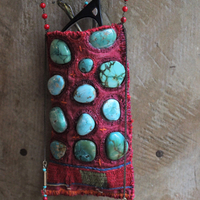 SOLD to M Antique Textile Eyeglass Pouch Necklace with Turquoise Cabochons, Antique Beaded Chain, Vintage Faceted Metal Bugle Beads & Seed Beads, and Hand Wrought Clasp