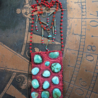 SOLD to M Antique Textile Eyeglass Pouch Necklace with Turquoise Cabochons, Antique Beaded Chain, Vintage Faceted Metal Bugle Beads & Seed Beads, and Hand Wrought Clasp