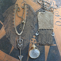 NEW! Determined to Rise Necklace Set with Antique Mesh & Chain,Bronze Arrow, Mesh Pouch, Lalique EO/Perfume Vessel,Antique Faceted Rock Crystal Tear Drops