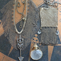 Determined to Rise Necklace Set with Antique Mesh & Chain,Bronze Arrow, Mesh Pouch, Lalique EO/Perfume Vessel,Antique Faceted Rock Crystal Tear Drops