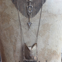 Determined to Rise Necklace Set with Antique Mesh & Chain,Bronze Arrow, Mesh Pouch, Lalique EO/Perfume Vessel,Antique Faceted Rock Crystal Tear Drops