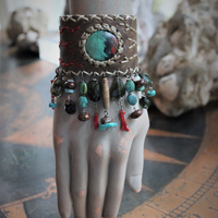 The Healing Cuff with Polished Chrysocolla Cabochon, Artisan Leather Cuff, Multiple Faceted Green Tourmaline Gemstones, Turquoise, Red Coral & More!