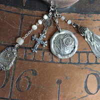 Antique Wide Sterling Engraved & Hammered Cuff Bracelet & Earring Set with Antique Medals,Sterling Tassel,Antique Sterling Cross