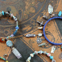 Endless Bounty Bangle Set with Antique Kantha Textile, Multiple Faceted Gemstones & Turquoise, Unique Dangles and Drops!