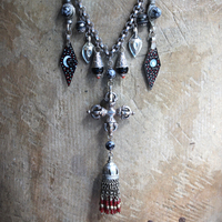 The Power of Enlightenment Necklace with Silver Double Vajra, Antique Kuchi Tassel and Findings, Painted Moon & Stars Drops and Leather Ties