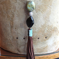 The Grounding Necklace with Faceted Smoky Quartz, Lemon Quartz ,Lone Mountain Turquoise,Rare Antique Engraved Silver Beads,Antique Serape Fragment