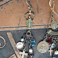 NEW! Asymmetrical Earrings with Antique French Rosary Connector & Medals, Multiple Faceted Bead Dangles,Antique Faceted Crystals and Crosses