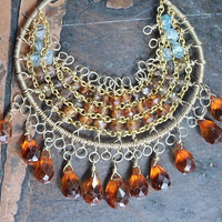 NEW! Intricate14K Gold Wire and Post Earrings with Rare Faceted Spessartine Garnet Tear Drops, Faceted Aquamarine and Smoky Topaz