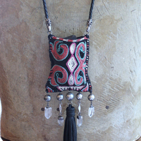 Antique Embroidered Textile Pouch Necklace with One of a Kind Clear Rock Quartz Stone,Antique Sterling Beads,Silver Capped Clear Quartz Points