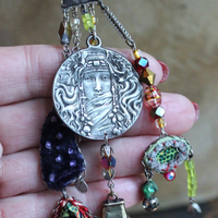 SOLD to J The Color of Thoughts Necklace with Intricate Goddess Pendant, Dozens of Unique Artisan Findings, Drops, and Beads