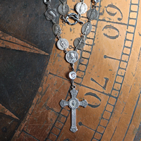 Antique French Flaming Heart Cross Necklace with 30 Antique Medals,Antique Sacred Heart of Jesus Rosary Connector & Bezel Set Crystals