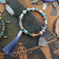 Endless Bounty Bangle Set with Antique Kantha Textile, Multiple Faceted Gemstones & Turquoise, Unique Dangles and Drops!