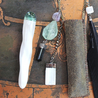 As Fine as Soul Necklace Set with Fluorite Capped Selenite Wand & Pouch, Twilight Goddess Medal, Sterling Capped Raven Wing & Black Tourmaline + More!