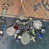 NEW! Asymmetrical Earrings with Antique French Rosary Connector & Medals, Multiple Faceted Bead Dangles,Antique Faceted Crystals and Crosses