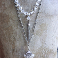 SOLD to J  AAA Faceted Rock Crystal Necklace Set with Double Terminated Rock Crystal Point,Tiny Faceted Rock Crystal Briolettes,Solid Sterling Chain