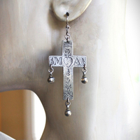 Merciful Mother Earrings with Engraved Silver French Crosses, Tiny Orb Drops and Sterling Leverback Earring Wires