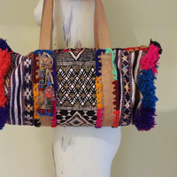 Unique En Shalla Leather and Textile Bag with Antique Gypsy Tassels, Crocheted Yarn and Fringe Accents and Amazing Loomed Textiles!