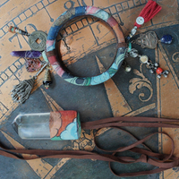 Invite Them In Necklace & Bracelet Set with Antique Hand Painted Thangka,Ghost Quartz Point Pendant,Carved Tourmaline Buddha,Foxtail Chain Tassel,Antique Buddha Medal & Much More!