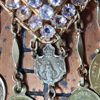 Rare Antique French Ex Voto Rhinestone Locket Necklace with Antique French Medals,Sterling Vermeil Foxtail Chain and 14K Gold Clasp