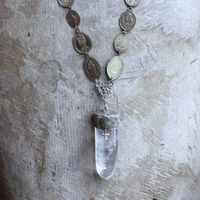 Through You Necklace with Polished Clear Ghost Quartz Pendant, Antique French Vestment Trim, and 22 Antique French Medals