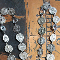 Antique French Flaming Heart Cross Necklace with 30 Antique Medals,Antique Sacred Heart of Jesus Rosary Connector & Bezel Set Crystals