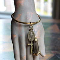 14K Italian Gold Bangle Bracelet w/Antique Marian Medal,Antique Foxtail Tassel,Rare Antique Sterling Vermeil Scapular Medal & Antique Engraved Rolled Gold Cross